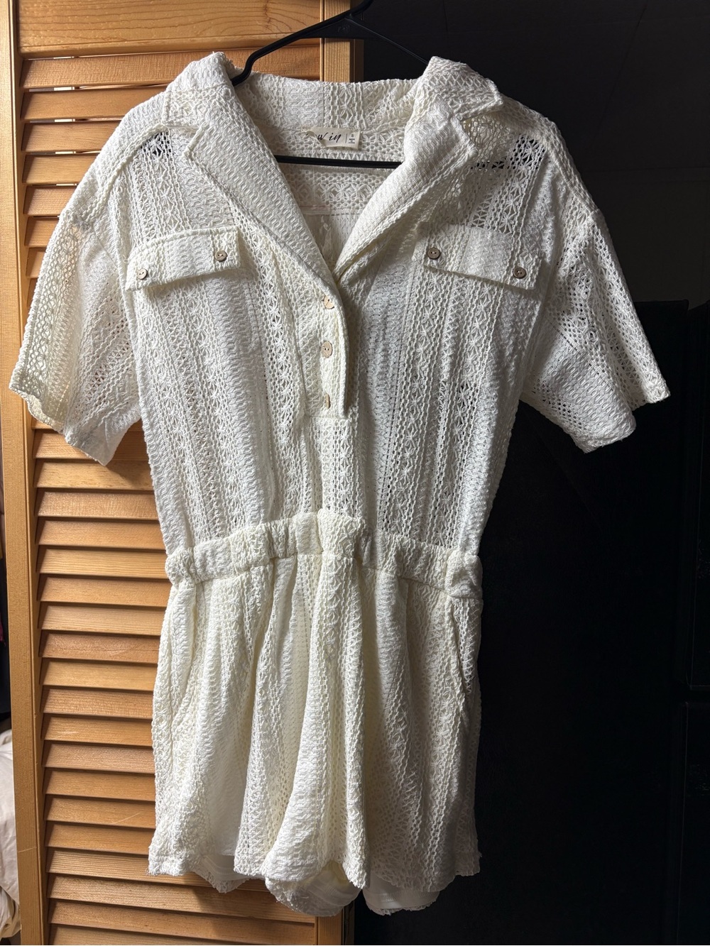 White Knit Short-Sleeve Romper Dress with Collar